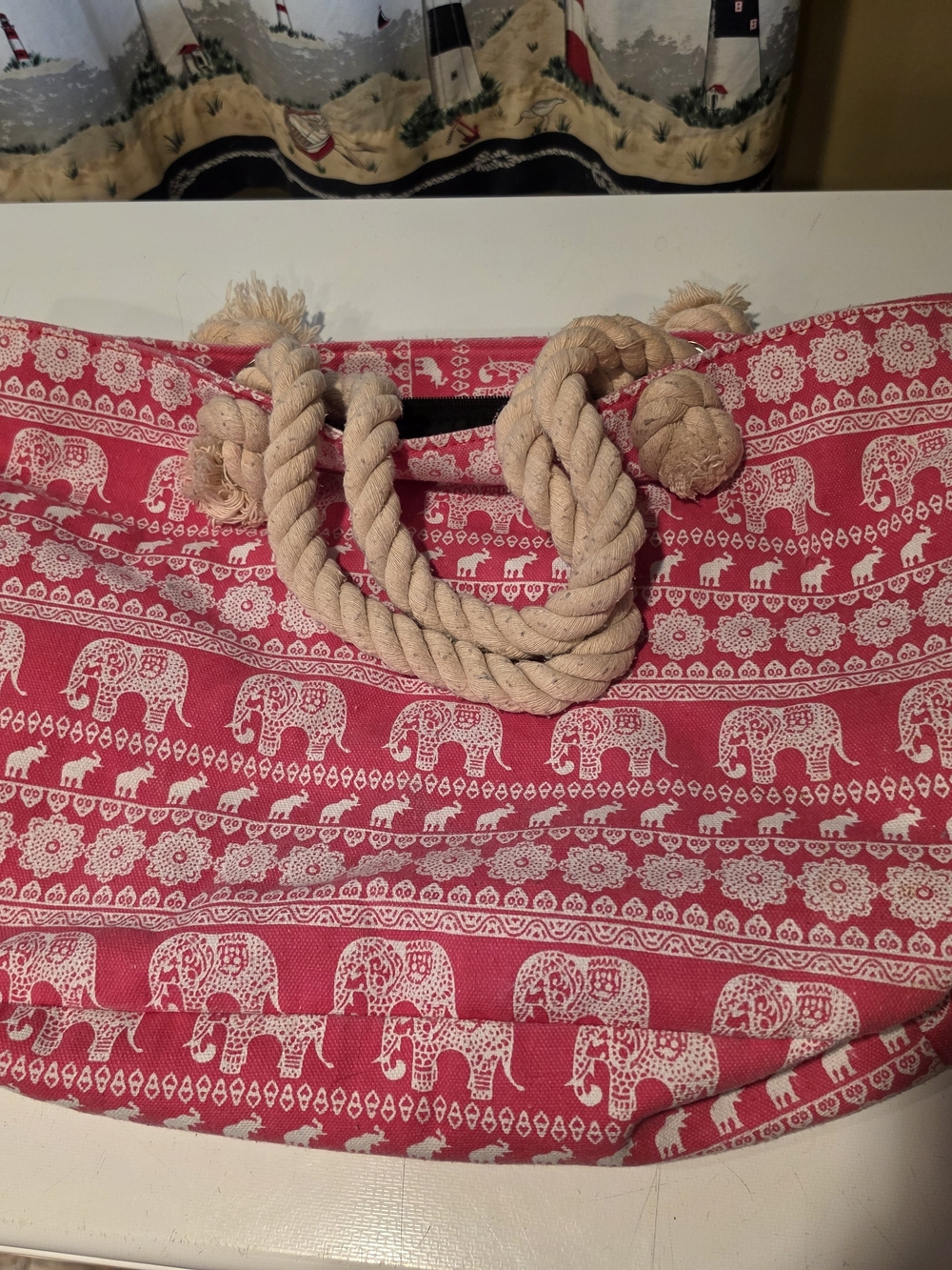 Cotton Elephant Print Rope-Handle Beach Tote Pink& White
